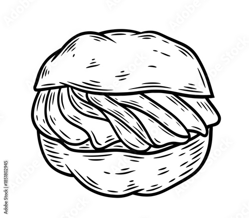 Cream puff, hand drawn, monochrome engraving, line art style vector illustration isolated on white background