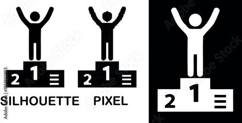Silhouette of a victorious athlete on a podium silhouette & pixel vector illustration