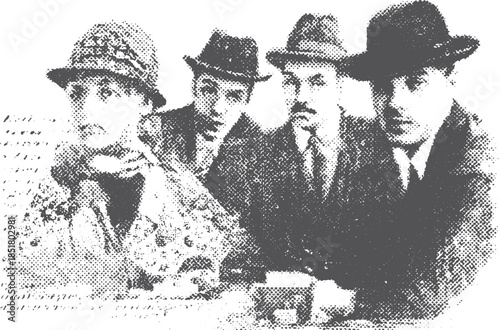 Group of people in vintage photo style. Black and white illustration of men and a woman wearing hats, captured in a classic set, vector illustration.