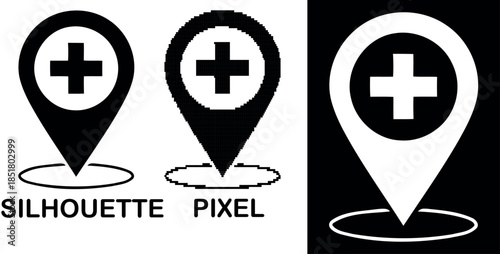 Medical location pin icon vector design with cross symbol and pixel style