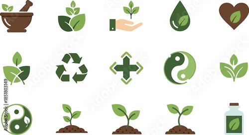 Collection of Green Eco-Friendly and Natural Product Icons.