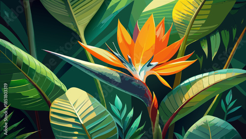 Very beautiful bird of paradise flower in full bloom set against a lush green leaves background, highlighting vivid tropical colors, natural textures, and striking botanical contrast in a serene compo