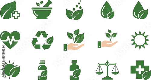 Collection of Green Leaf and Nature-Inspired Health and Wellness Icons.