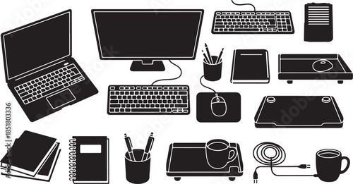 Office and tech supplies silhouette icons