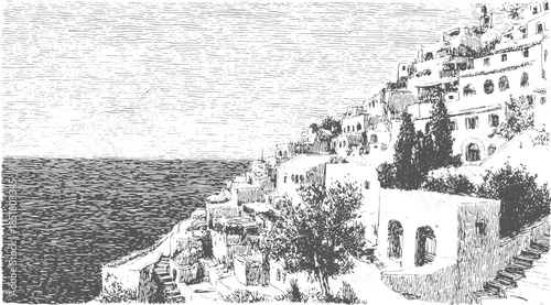 Seaside village landscape illustration in monochrome. Detailed buildings on a cliff with trees and paths, presented as a vector set.