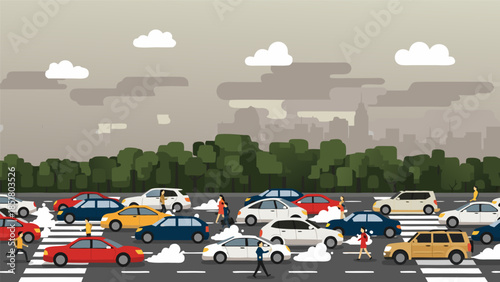 A busy city street with a traffic jam and pedestrians crossing the road.