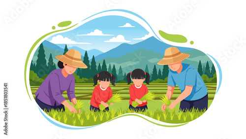 A family of farmers, including parents and two children, planting rice seedlings in a lush green paddy field with mountains in the background.