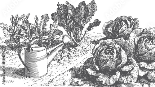 Garden watering can with vegetables: lettuce and radish in a simple black and white vector illustration. A traditional hand-drawn set of farming elements.