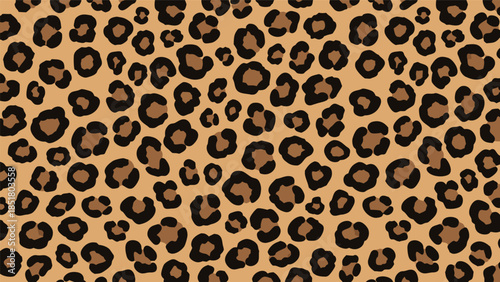A seamless pattern of a classic leopard print with irregular dark brown spots on a tan background.