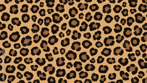 Fototapeta A seamless pattern of a classic leopard print with irregular dark brown spots on a tan background.