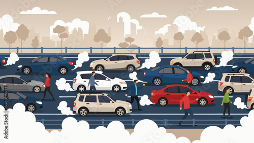A crowded highway with many cars stuck in traffic, emitting smoke, and people walking between lanes.