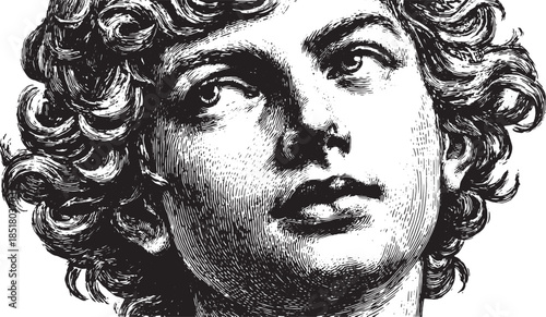 Classic portrait of a man with curly hair. Detailed black and white vector illustration showcasing realistic features and artistic style.