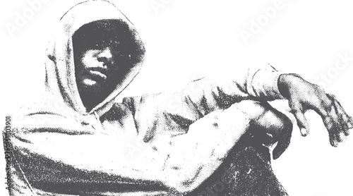 A person in a hoodie is depicted in a minimalist style. This vector illustration showcases contemporary fashion and youth culture in a sleek design.