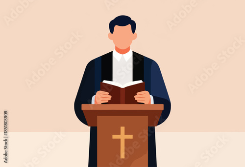 Clergy member in robe at pulpit with cross, holding open book