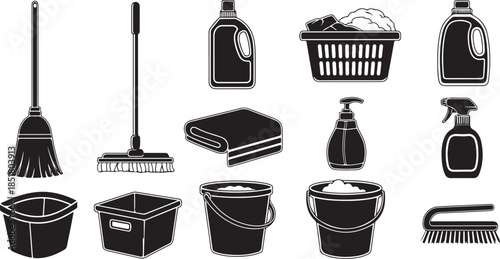 Household cleaning and laundry supplies icons