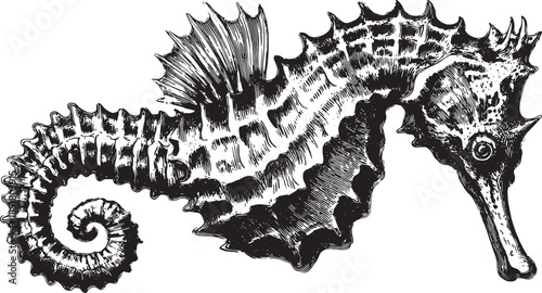 Detailed black seahorse vector illustration, capturing unique features of this aquatic creature. Ideal for marine biology contexts in a clear, realistic style.