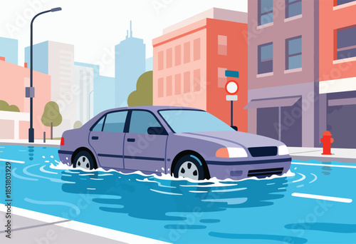 Purple car driving through deep floodwaters on a city street