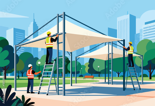 Workers in safety vests and hard hats erect shade structures in a park with city skyline