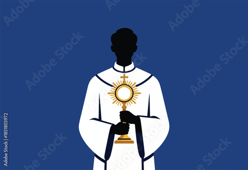 Silhouette of clergy holding a monstrance against blue background