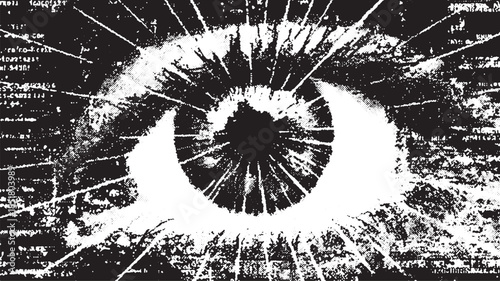 Eye graphic featuring an intricate black and white pattern. Abstract design with lines and shapes, creating a striking vector illustration.