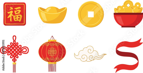 Collection of traditional Chinese New Year icons including lanterns, coins, and symbols on a white background with red and gold colors.