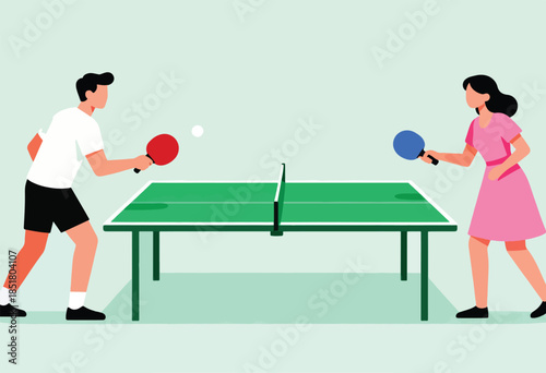 A man and woman play ping pong, paddles raised, ready to hit the ball