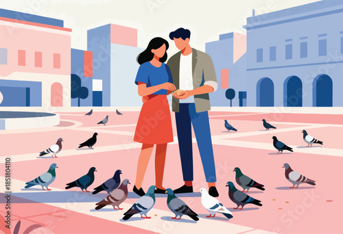 Couple shares food with pigeons in a plaza with modern buildings
