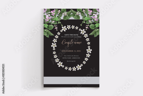 WEDDING INVITATION FRAME WITH FLOWER DECORATIONS AND FRESH LEAVES
