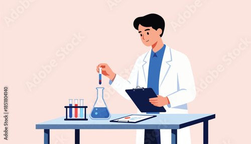 Scientist in lab coat examines liquid in test tube over flask on table