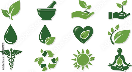 Collection of green nature and wellness themed icons.