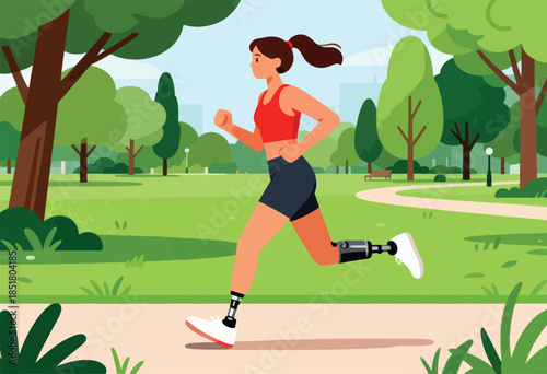 A woman with a prosthetic leg running on a park path