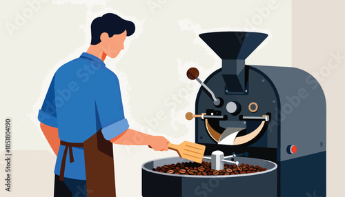 Person with blue shirt & apron stirring coffee beans in roaster