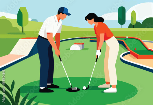 A man and woman play a round of mini-golf on a bright, sunny day