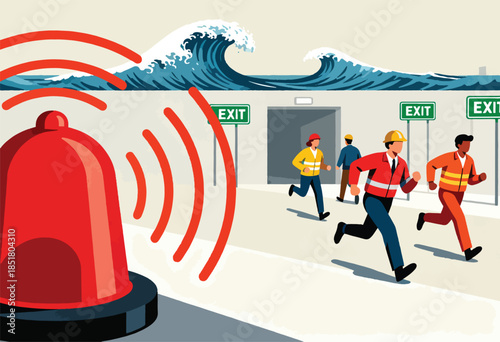 Warning siren signals evacuation as giant waves loom over fleeing workers