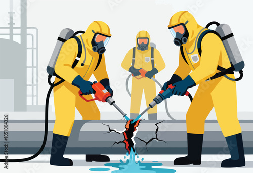 Technicians in hazmat suits repair a cracked industrial pipe