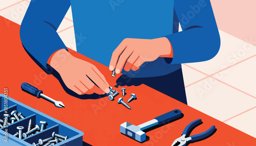 Person sorting through screws and tools on a table