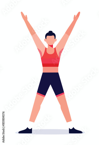 Person in athletic wear with arms raised overhead, legs apart