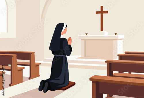 Nun praying on knees before altar in a church