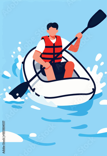 Person in life vest kayaks through blue water, splashing