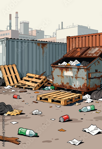Overfilled dumpster and scattered trash with industrial buildings in background