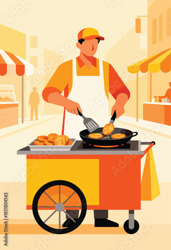 Vendor cooking on cart with food stalls and people in background