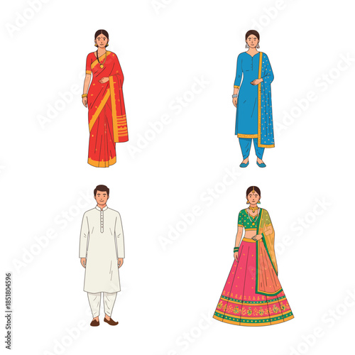 Four diverse individuals showcasing traditional Indian clothing, including a saree, salwar kameez, kurta pajama, and lehenga choli, representing cultural attire.