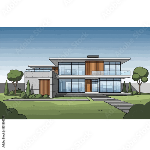 3d render of a modern residential villa featuring a sleek glass facade and luxury architecture with a green grass lawn garden under a clear sky view