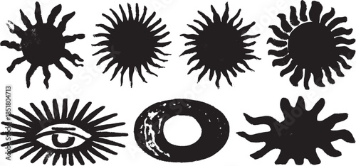 Abstract sun and eye motifs in black silhouette style. Trendy vector illustration set with unique shapes for modern graphic design.