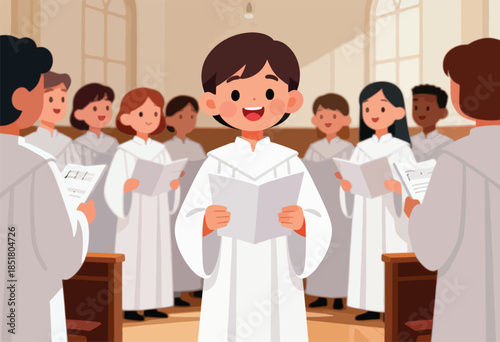A diverse group of children in white robes sing joyfully from sheet music in a bright hall