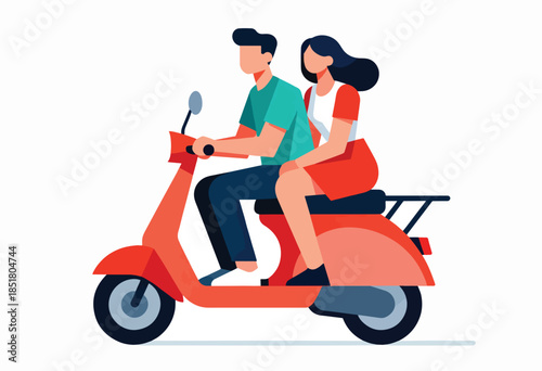 A couple riding a scooter, rendered in a flat, modern style with bold colors