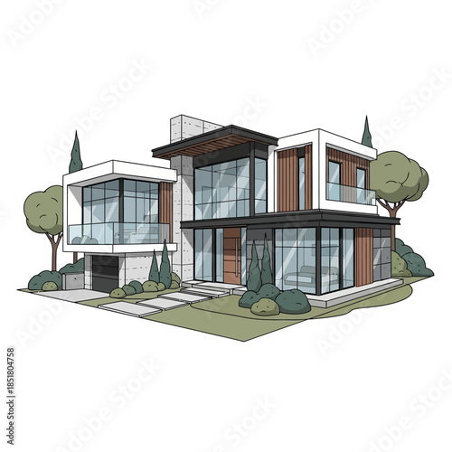 A luxury residential home with white exterior facade and blue roof sits on a hill overlooking an urban street with modern apartment architecture and front balcony windows under a clear city sky