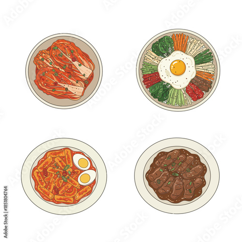 A collection of four traditional Korean dishes including kimchi, bibimbap, tteokbokki, and bulgogi, presented in a hand-drawn illustration style.