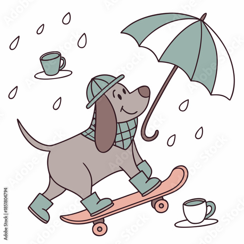 Charming SVG of a Dreamy Bloodhound featuring riding a skateboard, styled in a Rainy day theme with Raindrop Calm hues