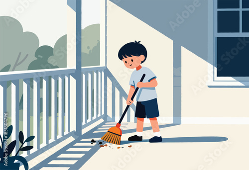 Young boy sweeps debris off a sunny porch with a broom